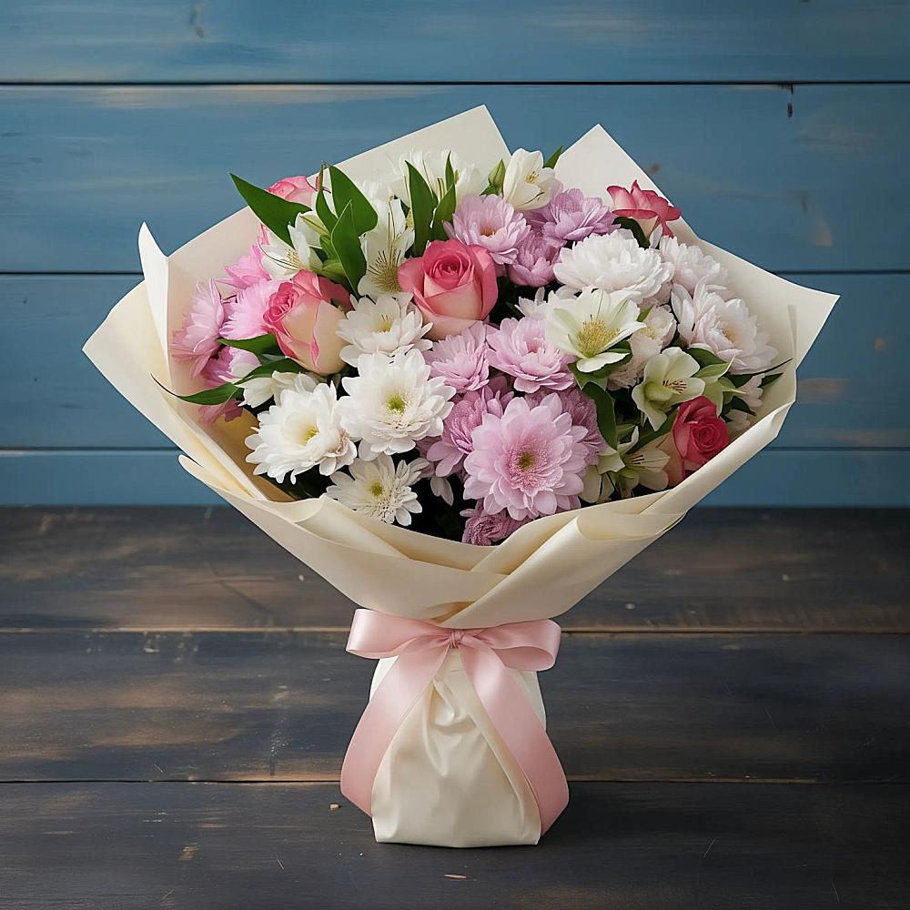 Букет цветов из: Хризантемы, Альстромерии и Розы в Шарапово Чеховского района